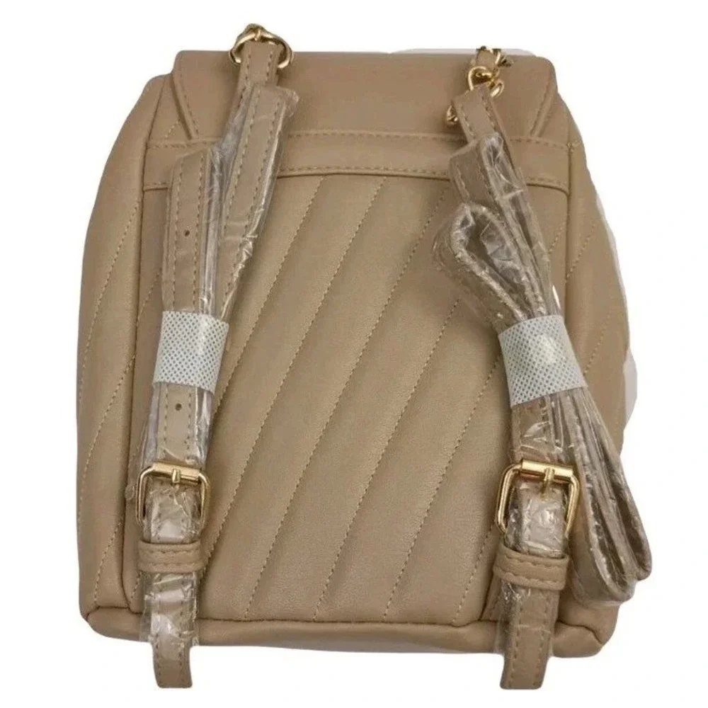 BEBE Quilted Faux Leather Drawstring Backpack Gold Chain Tan Beige Women New